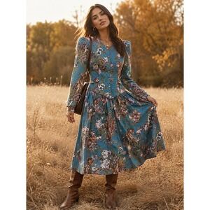 Jeffrey & Dara Petite Floral Quilted Bodice Dress Blue Rayon Vintage Size 5/6